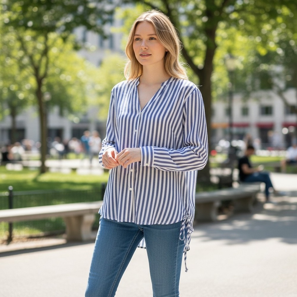 a.n.a Blue White Striped Lace Up Side Tunic Shirt Womens Small V-Neck 3/4 Sleeve